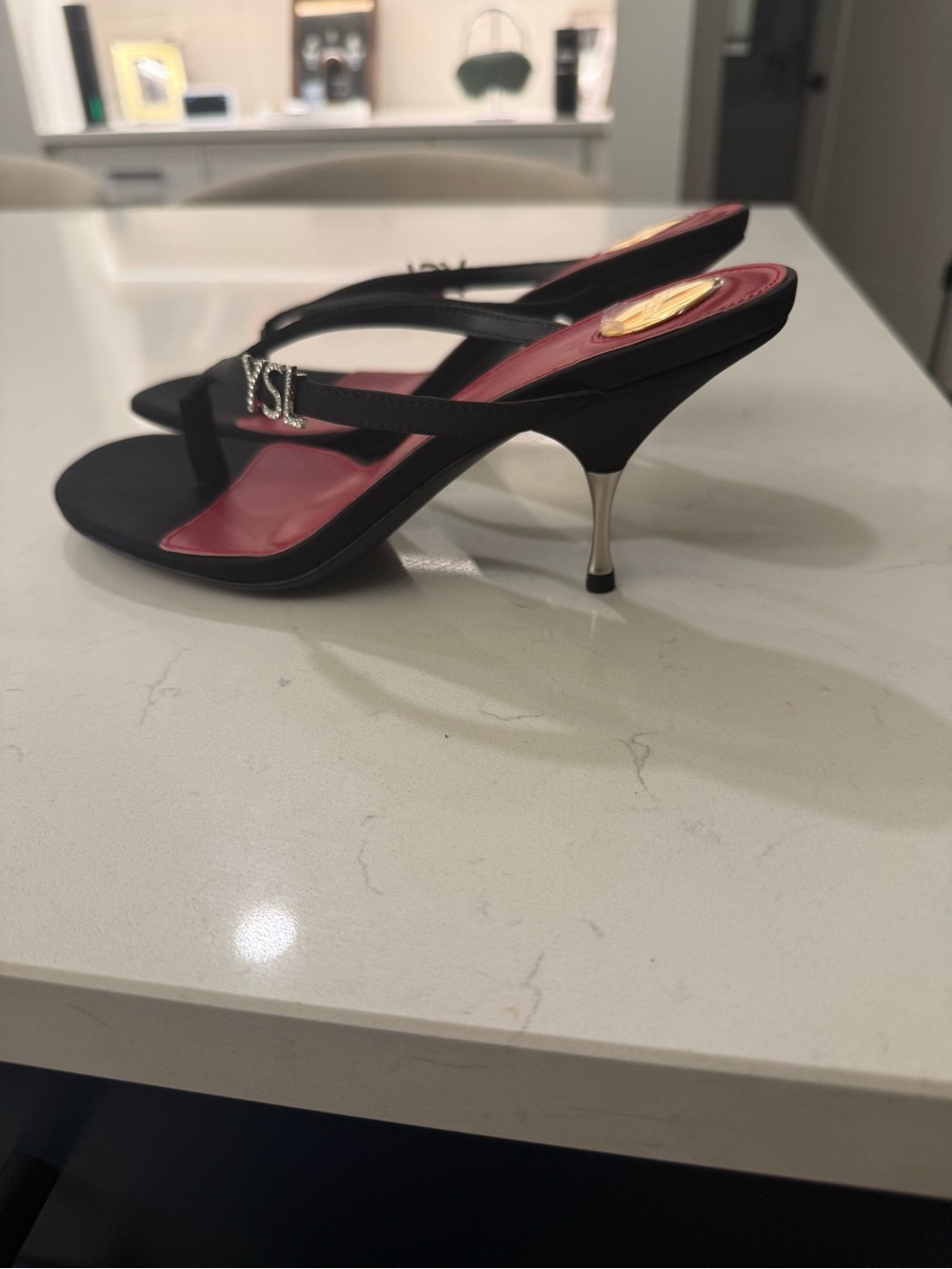 Saint Laurent Black Heeled Slingback Sandals with Red Footbed - Picture 8 of 8